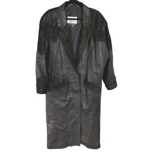 Vintage 80s Black Leather Long Trench Coat Punksteam Biker Heavy Winter Medium